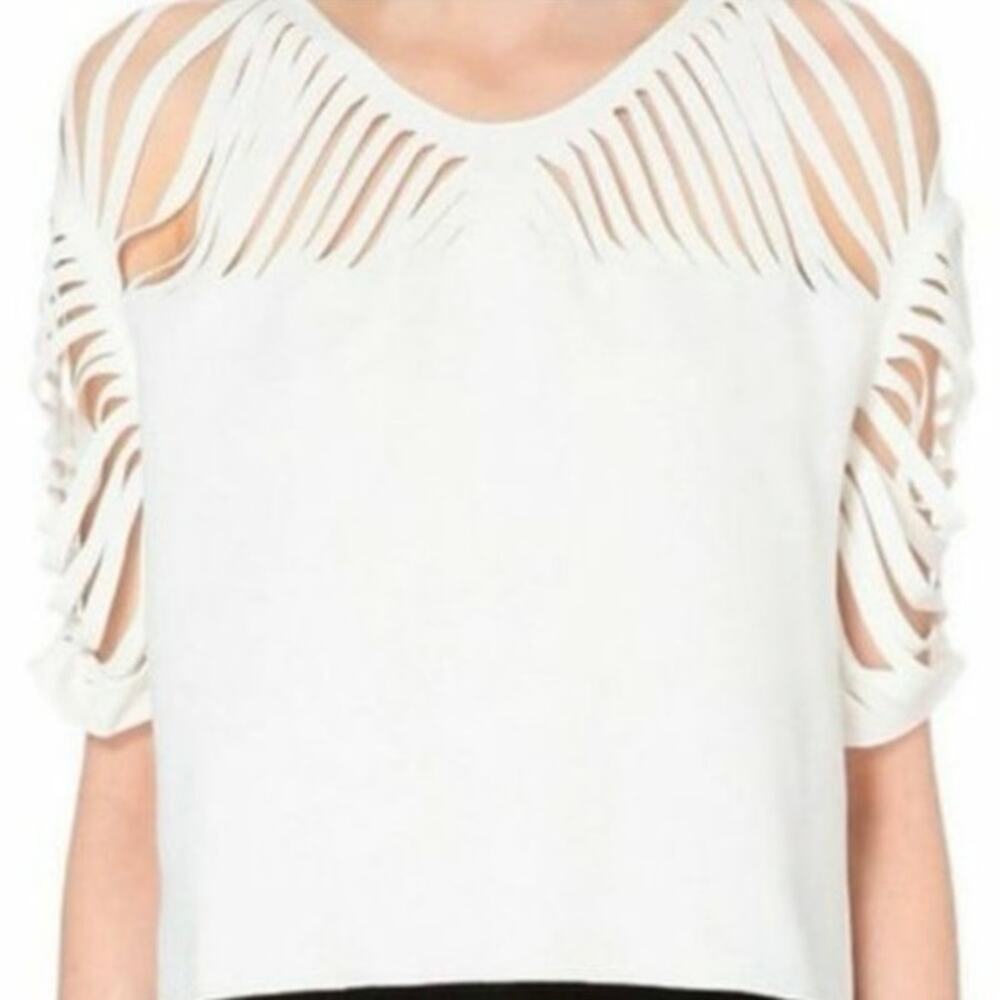 Sandro Paris Elane Laser Cut White 
V-Neck Three-Quarter Sleeve Crop Top sz XS/S - Picture 4 of 11